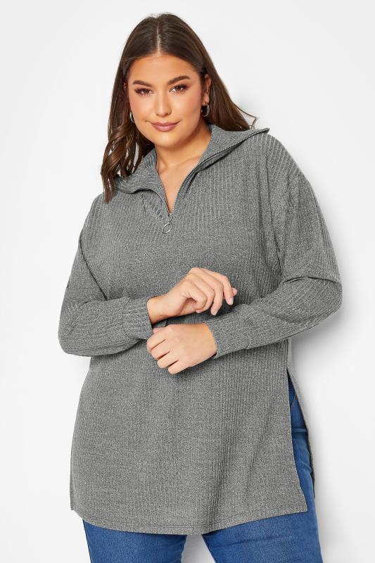  Grande Taille YOURS Curve Charcoal Grey Ribbed Half Zip Jumper