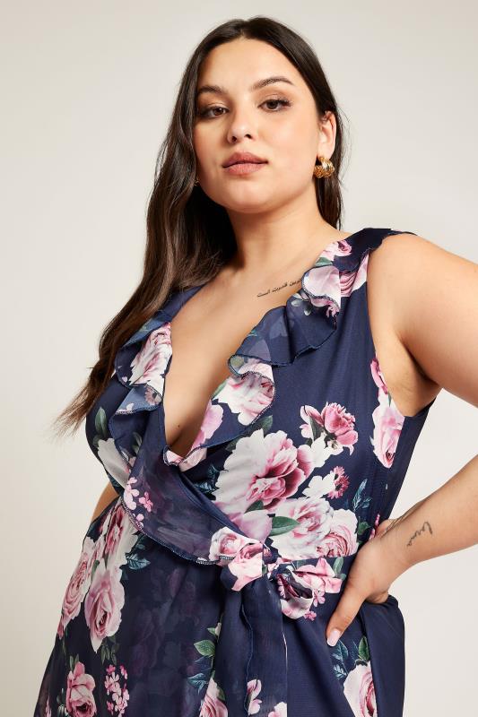YOURS LONDON Plus Size Navy Blue Floral Ruffle Wrap Dress | Yours Clothing 4