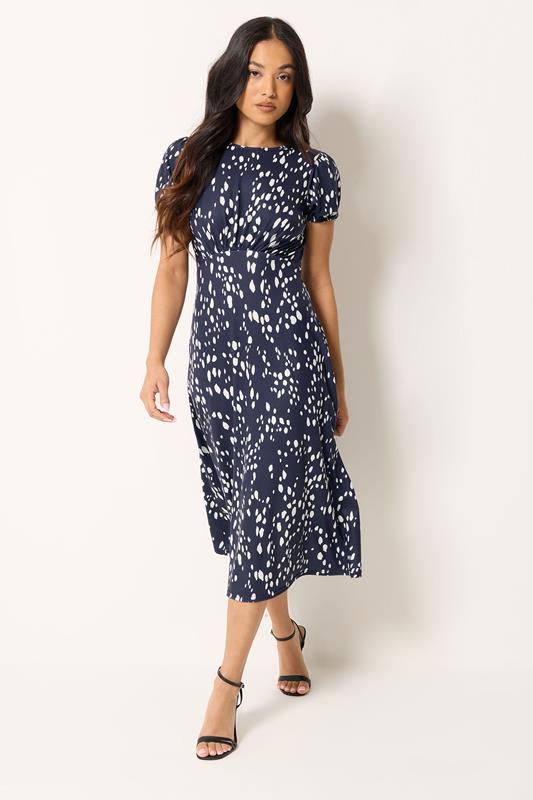 PixieGirl Petite Navy Blue Spot Print Midi Dress | PixieGirl 1