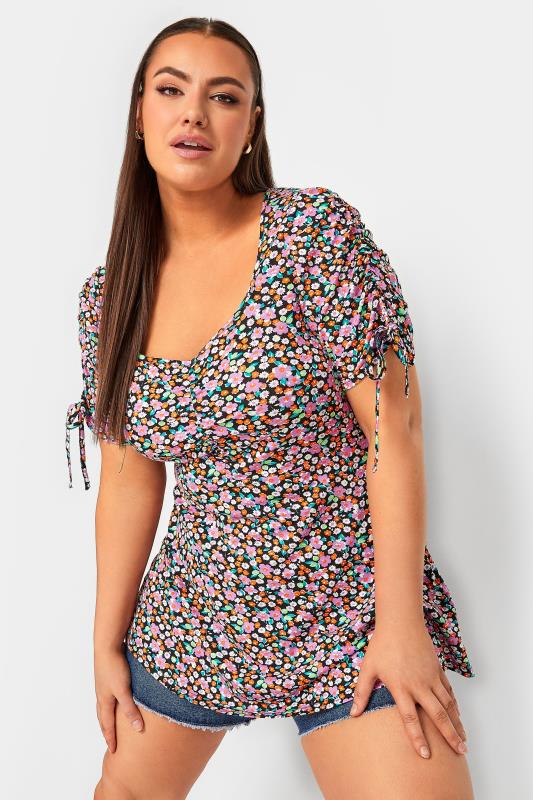 LIMITED COLLECTION Plus Size Curve Black Ditsy Print Ruched Tie Sleeve Top | Yours Clothing  1
