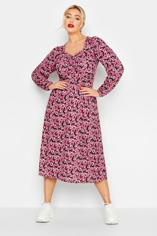LIMITED COLLECTION Plus Size Pink Ditsy Ruched Midi Dress | Yours Clothing 2