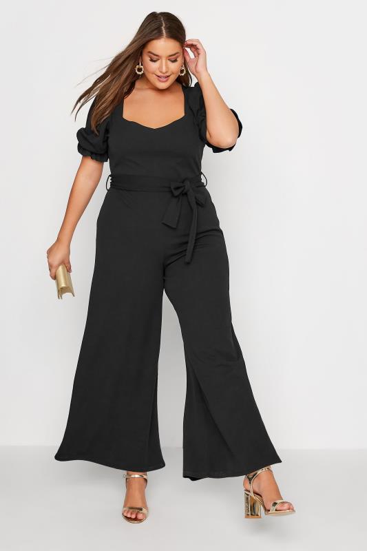 YOURS LONDON Curve Black Sweetheart Puff Sleeve Jumpsuit 2