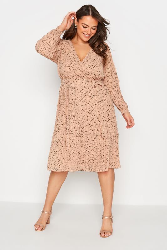 YOURS LONDON Plus Size Beige Brown Spot Print Pleated Wrap Dress | Yours Clothing 2