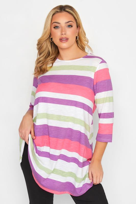 YOURS Plus Size White & Pink Stripe T-Shirt | Yours Clothing 1