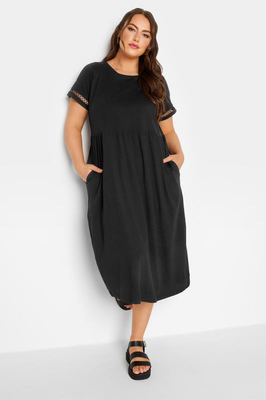 LIMITED COLLECTION Plus Size Black Crochet Trim T-Shirt Dress | Yours Clothing 2