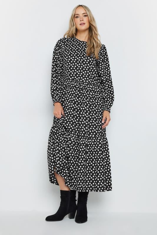  Tallas Grandes LTS Tall Black Spot Print Tiered Smock Dress