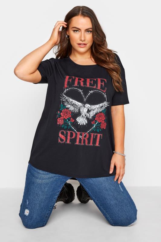  Grande Taille Curve Black Eagle 'Free Spirit' Slogan T-Shirt