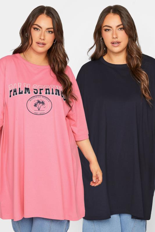 YOURS 2 PACK Plus Size Pink & Navy Blue Oversized Slogan Tunic Tops | Yours Clothing 1