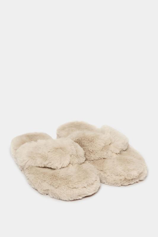 Beige Brown Fluff Toe Post Slippers In Extra Wide EEE Fit 2