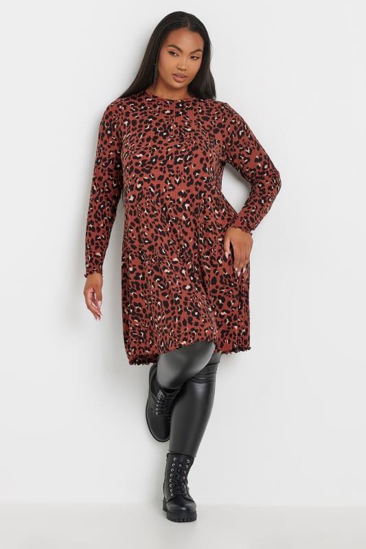 Plus Size  YOURS Curve Rust Orange Leopard Print Lettuce Edge Tunic Top