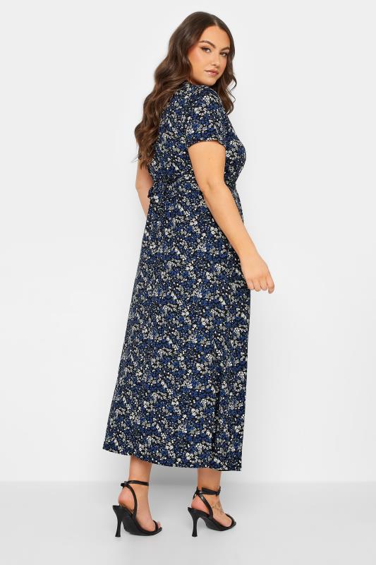 YOURS Plus Size Navy Blue Ditsy Print Wrap Front Tie Maxi Dress | Yours Clothing 3
