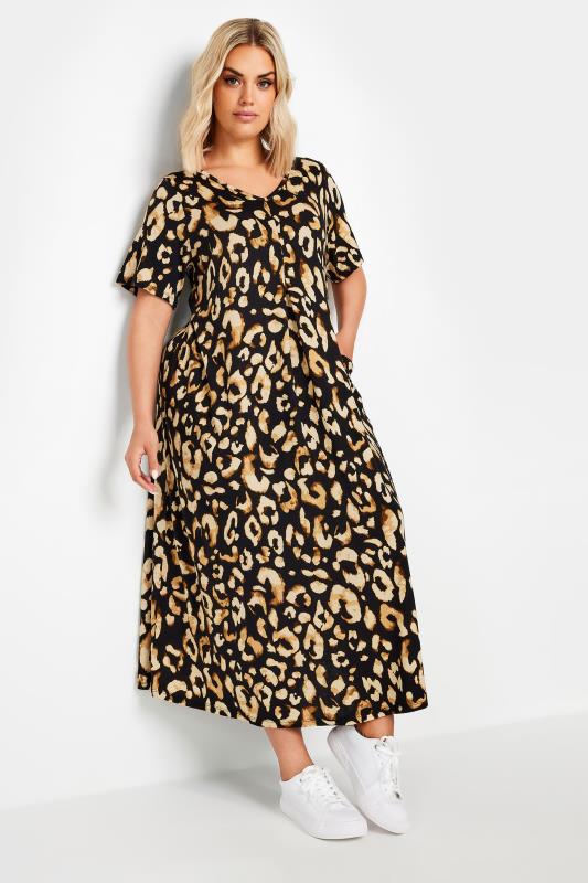 YOURS Plus Size Black Leopard Print Pleated Maxi Dress | Yours Clothing 1