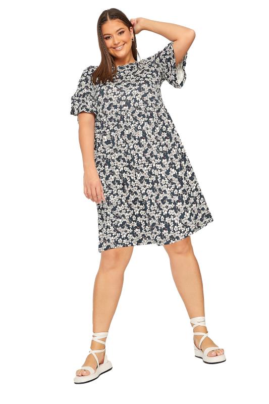 YOURS Curve Plus Size Navy Blue Ditsy Floral Print Smock Tunic Dress | Yours Clothing  8