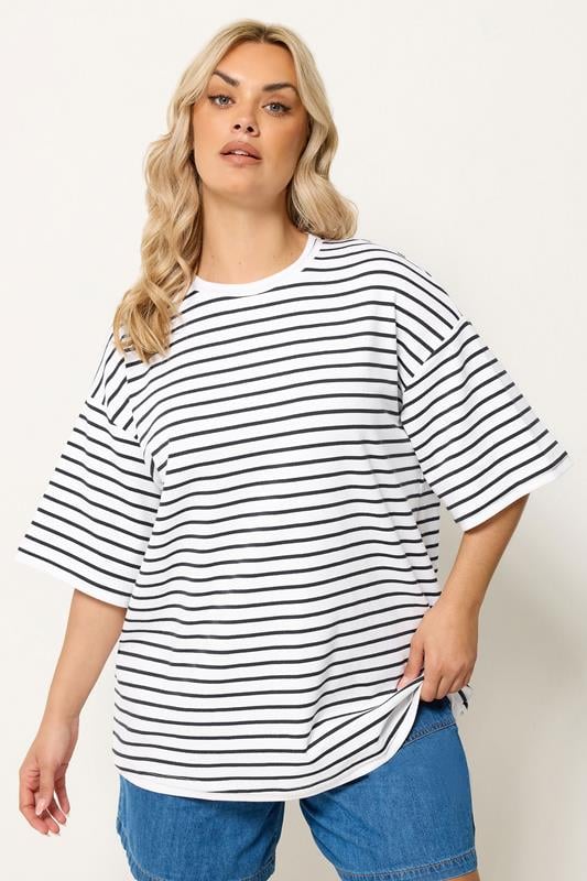  YOURS Wit gestreept ringer T-shirt