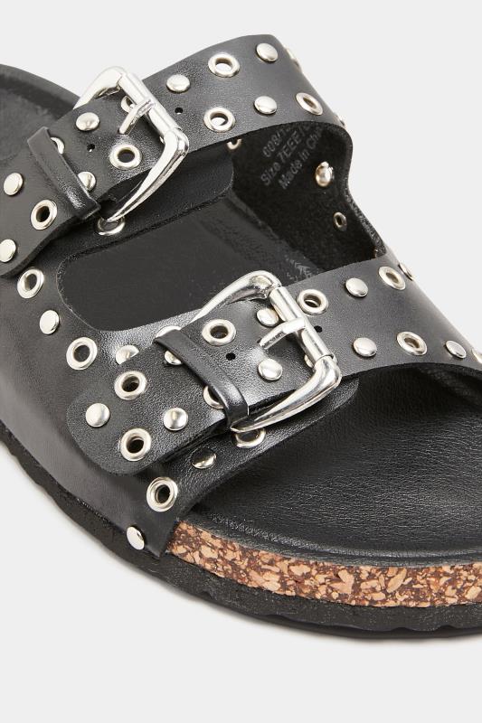 Black Stud Detail Buckle Strap Footbed Sandals In Extra Wide EEE Fit 6