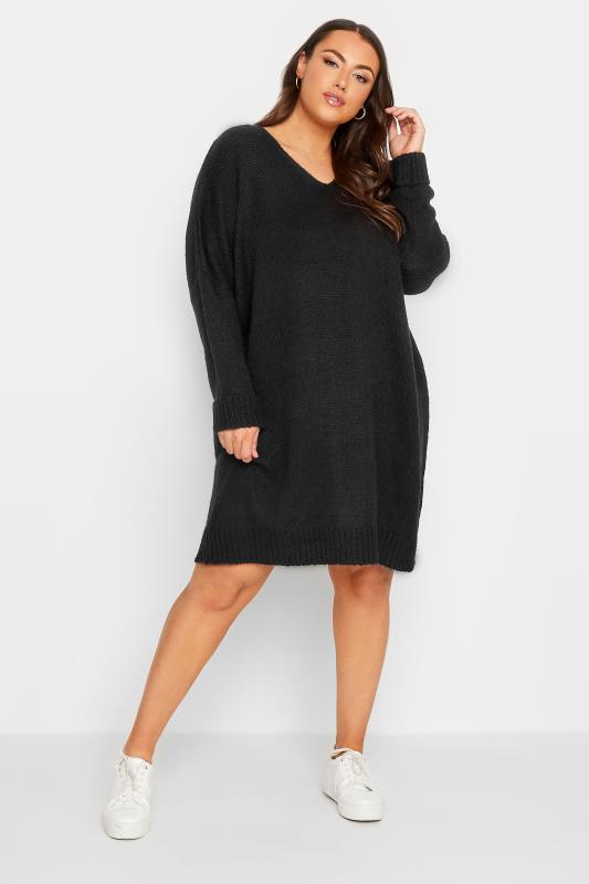 Plus Size  YOURS Curve Black Drop Sleeve Knitted Jumper Dress