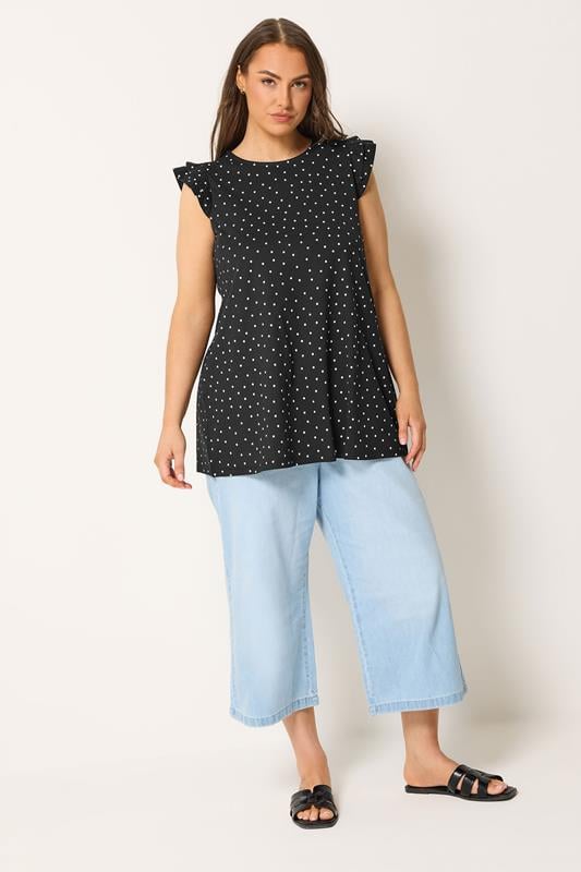 YOURS Plus Size Black Polka Dot Frill Sleeve Vest Top | Yours Clothing 1