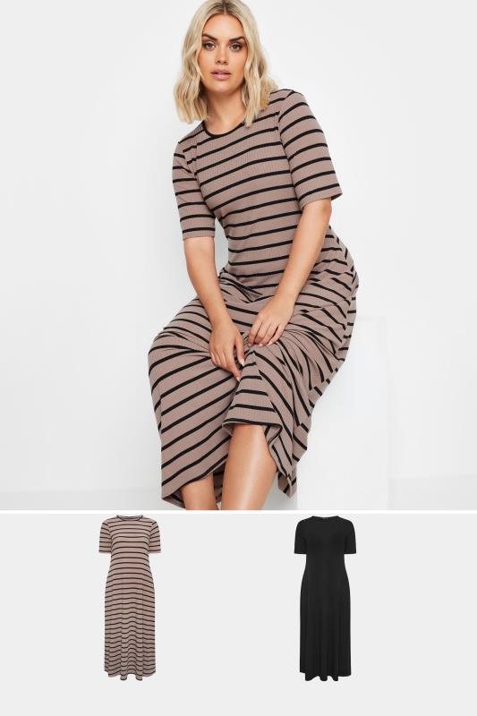 YOURS 2 PACK Plus Size Black & Brown Ribbed Maxi Dress | Yours Clothing 1