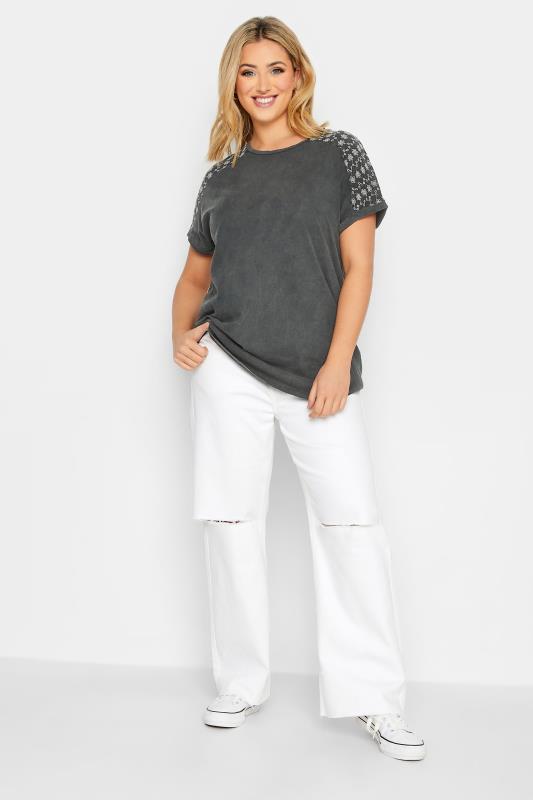 Plus Size Washed Grey Embroidered Shoulder Top | Yours Clothing 2