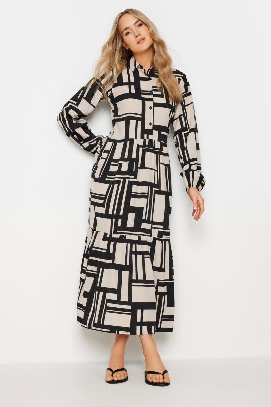  LTS Tall Stone Brown Abstract Print Tiered Maxi Dress