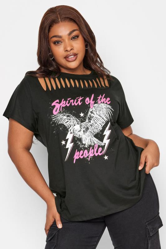 YOURS Plus Size Black Cut Out 'Spirit of the People' Slogan Tee | Yours Clothing 2