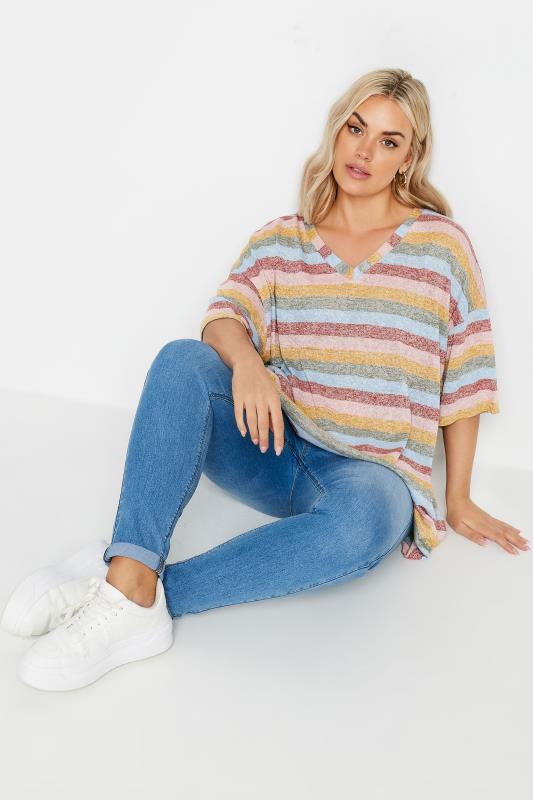 YOURS Plus Size Pink & Orange Striped Oversized T-Shirt | Yours Clothing 2