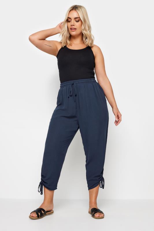 YOURS Plus Size Navy Blue Crinkle Ruched Cropped Trousers | Yours Clothing 2