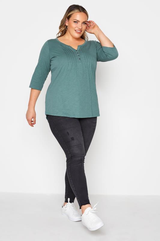 YOURS FOR GOOD Curve Sage Green Pintuck Henley Top_B.jpg