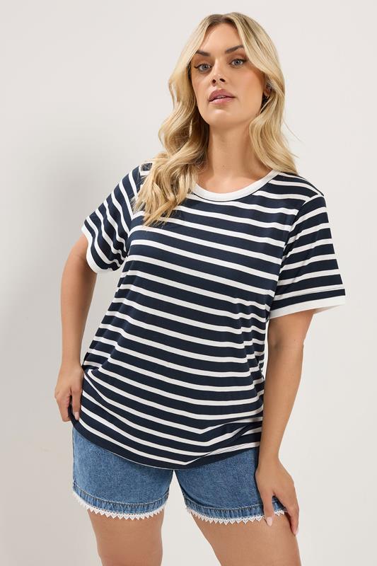  YOURS Curve marineblauw gestreept ringer T-shirt