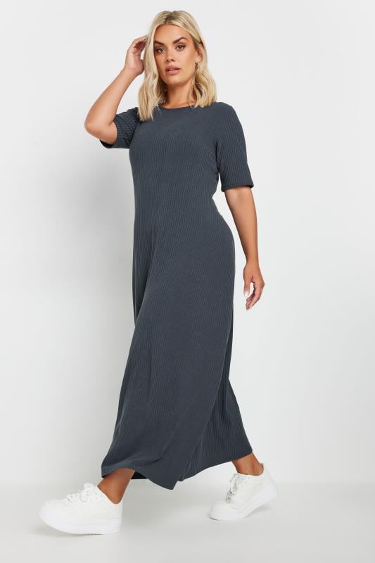 Plus Size  YOURS Curve Charcoal Grey Ribbed Maxi Dress