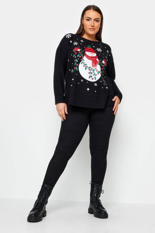 YOURS Plus Size Black Snowman Print Soft Touch Christmas Jumper | Yours Clothing 2