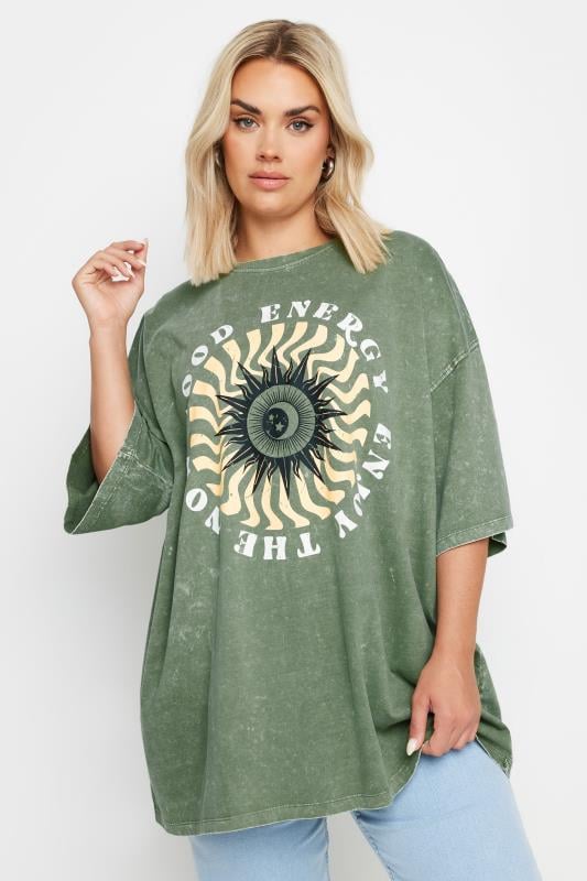  YOURS Curve Green 'Good Energy' Slogan Oversized T-Shirt