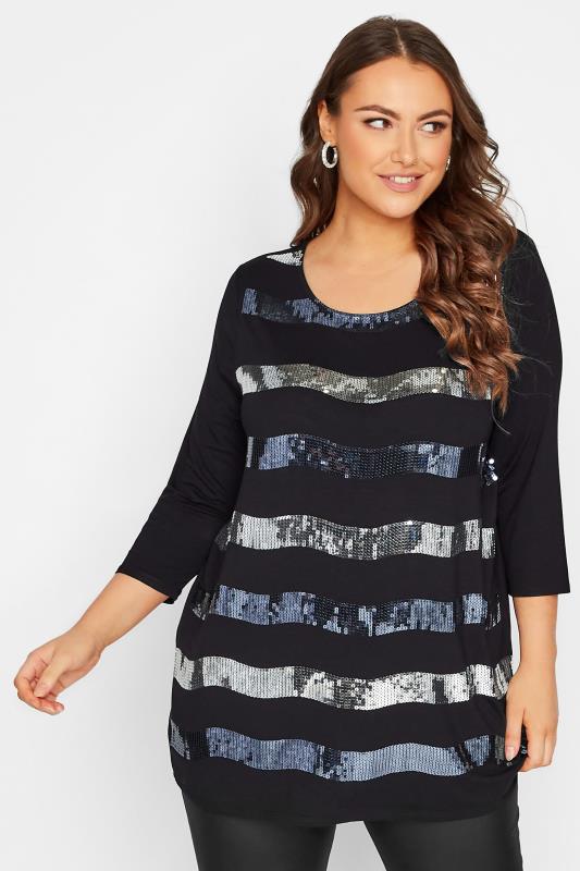 Plus Size Black Sequin Stripe Top | Yours Clothing 1