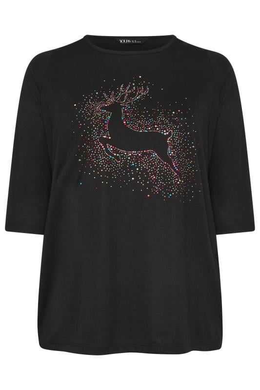 YOURS Plus Size Black Diamante Reindeer Top | Yours Clothing  6