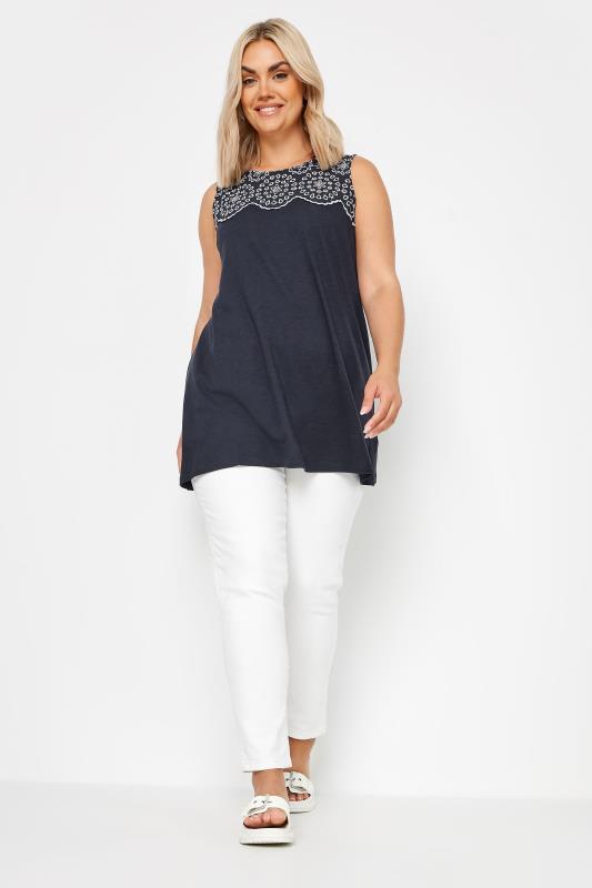 YOURS Plus Size Navy Blue Broderie Anglaise Detail Vest Top | Yours Clothing 2