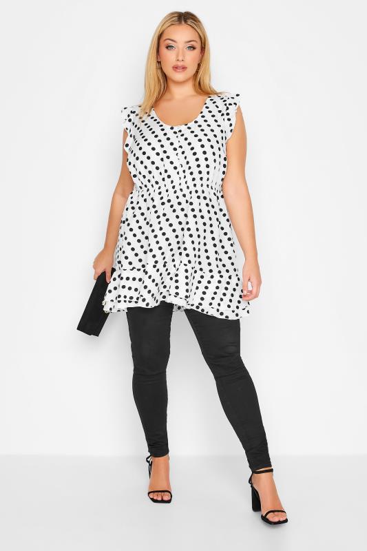 Plus Size White Polka Dot Print Frill Sleeve Smock Top | Yours Clothing 2