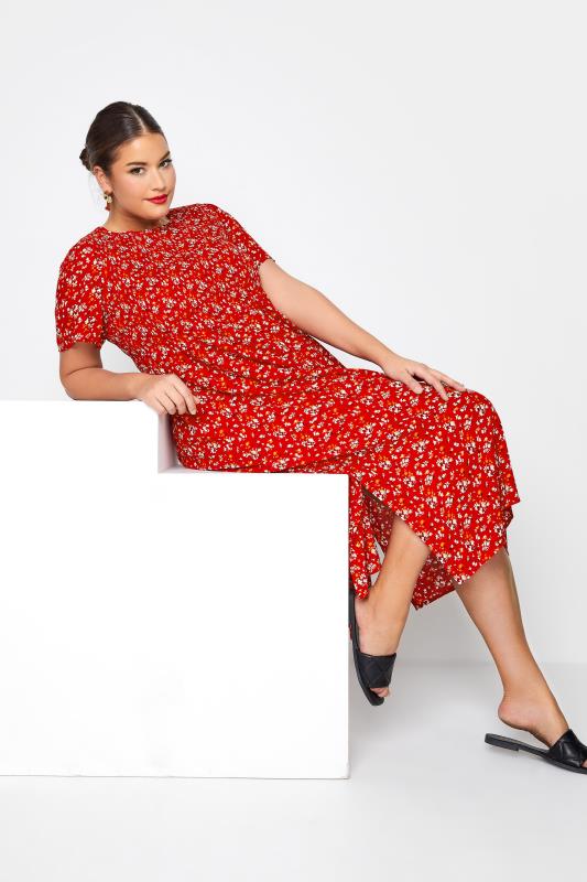 LIMITED COLLECTION Curve Red Ditsy Print Shirred Midaxi Dress_D.jpg