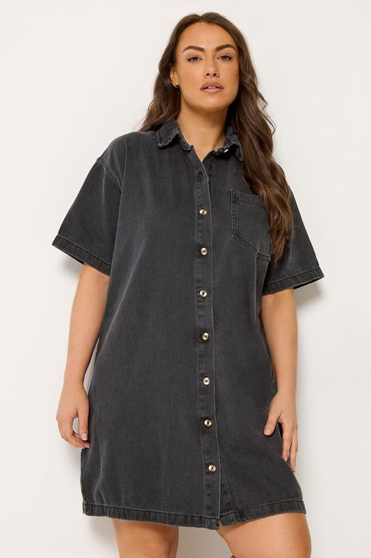 YOURS Curve Black Washed Denim Shirt Dress 1