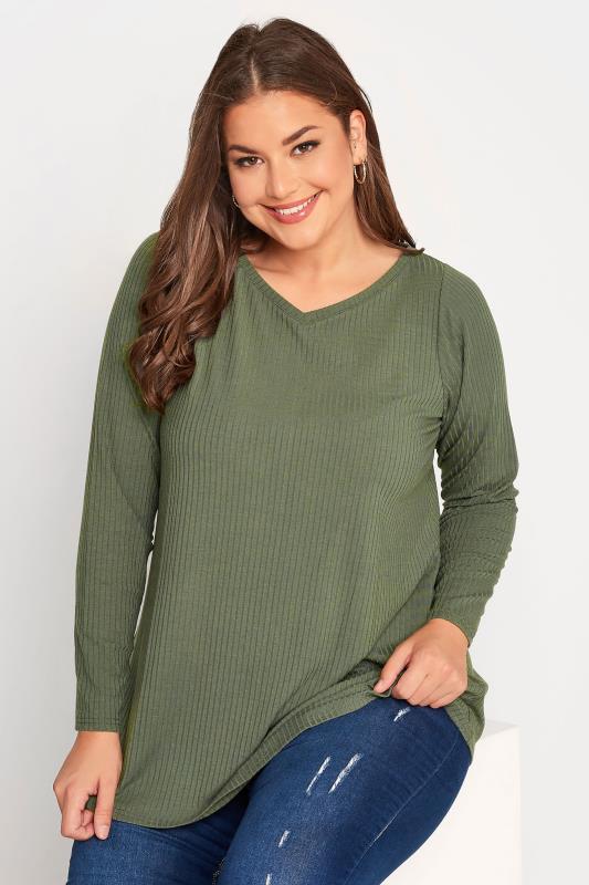 Plus Size Khaki Green Long Sleeve Top | Yours Clothing 1