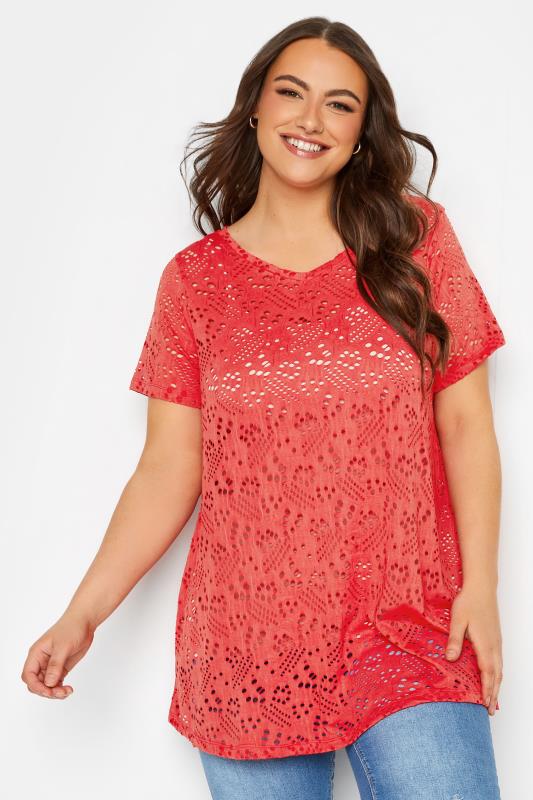 YOURS Curve Plus Size Red Broderie Anglaise Swing V-Neck T-Shirt | Yours Clothing  1