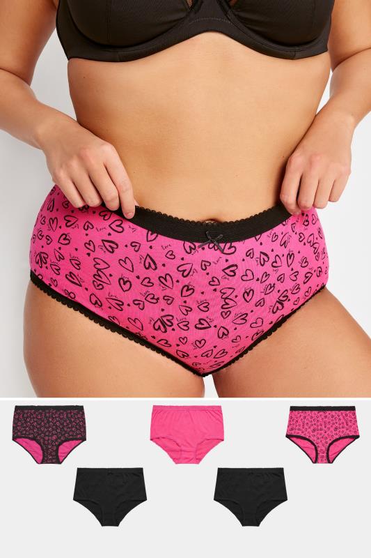 Plus Size  YOURS 5 PACK Curve Black & Pink Heart Design High Waisted Full Briefs
