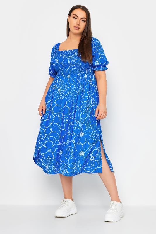 YOURS Plus Size Blue Floral Print Shirred Midaxi Dress | Yours Clothing 2