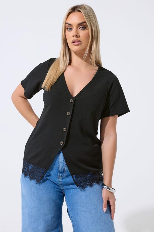  LIMITED COLLECTION Curve Black V-Neck Lace Hem Top