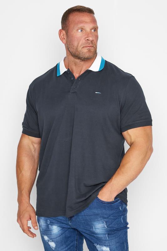 BadRhino Big & Tall Navy Blue Contrast Stripe Collar Polo Shirt 1
