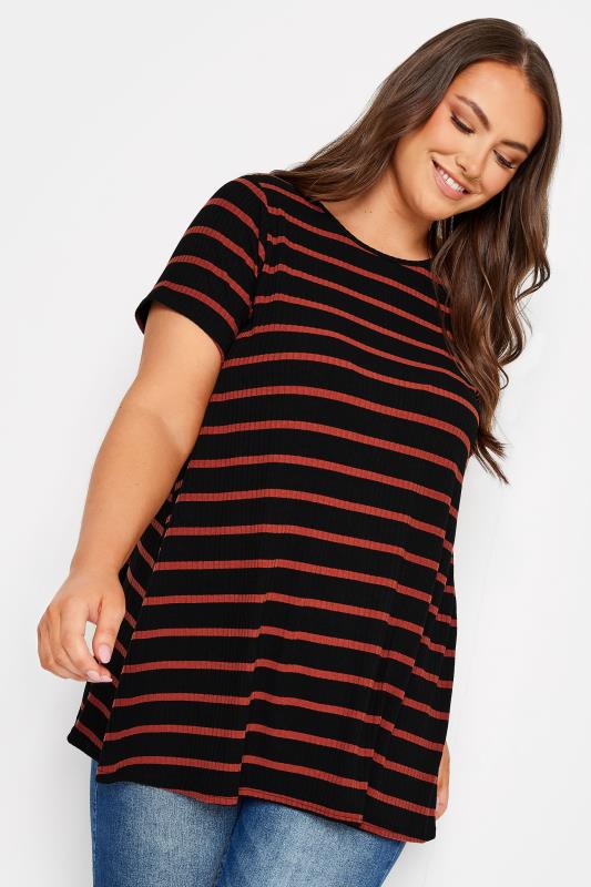 YOURS Curve Plus Size Black Stripe Ribbed Swing Top | Yours Clothing  1