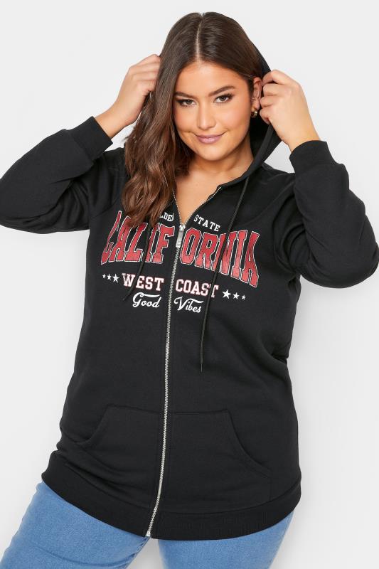 YOURS Curve Plus Size Black 'California' Slogan Zip Up Hoodie | Yours Clothing  4