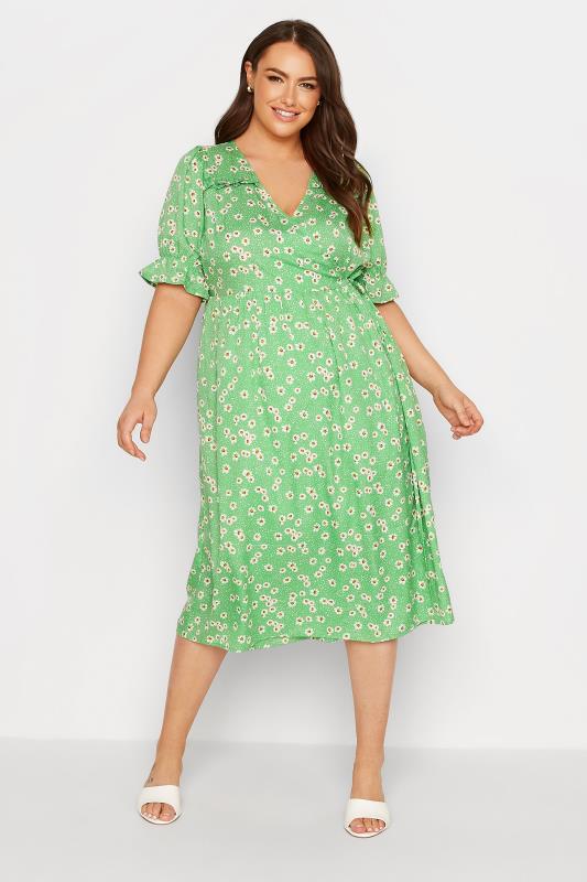 Plus Size Green Daisy Print Frill Sleeve Wrap Dress | Yours Clothing  2