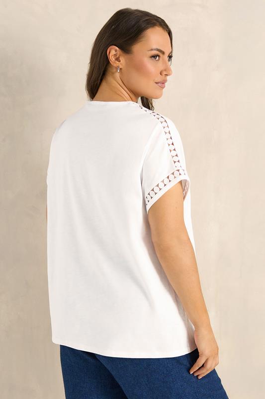 EVANS Plus Size White Crochet Trim Cotton V Neck T-Shirt | Evans 2