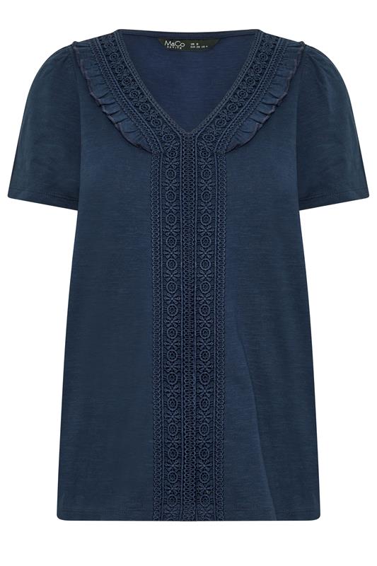 M&Co Petite Navy Blue Short Sleeve Frill Cotton Blouse | M&Co 5