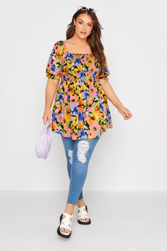 LIMITED COLLECTION Plus Size Black Floral Print Shirred Peplum Top | Yours Clothing 2